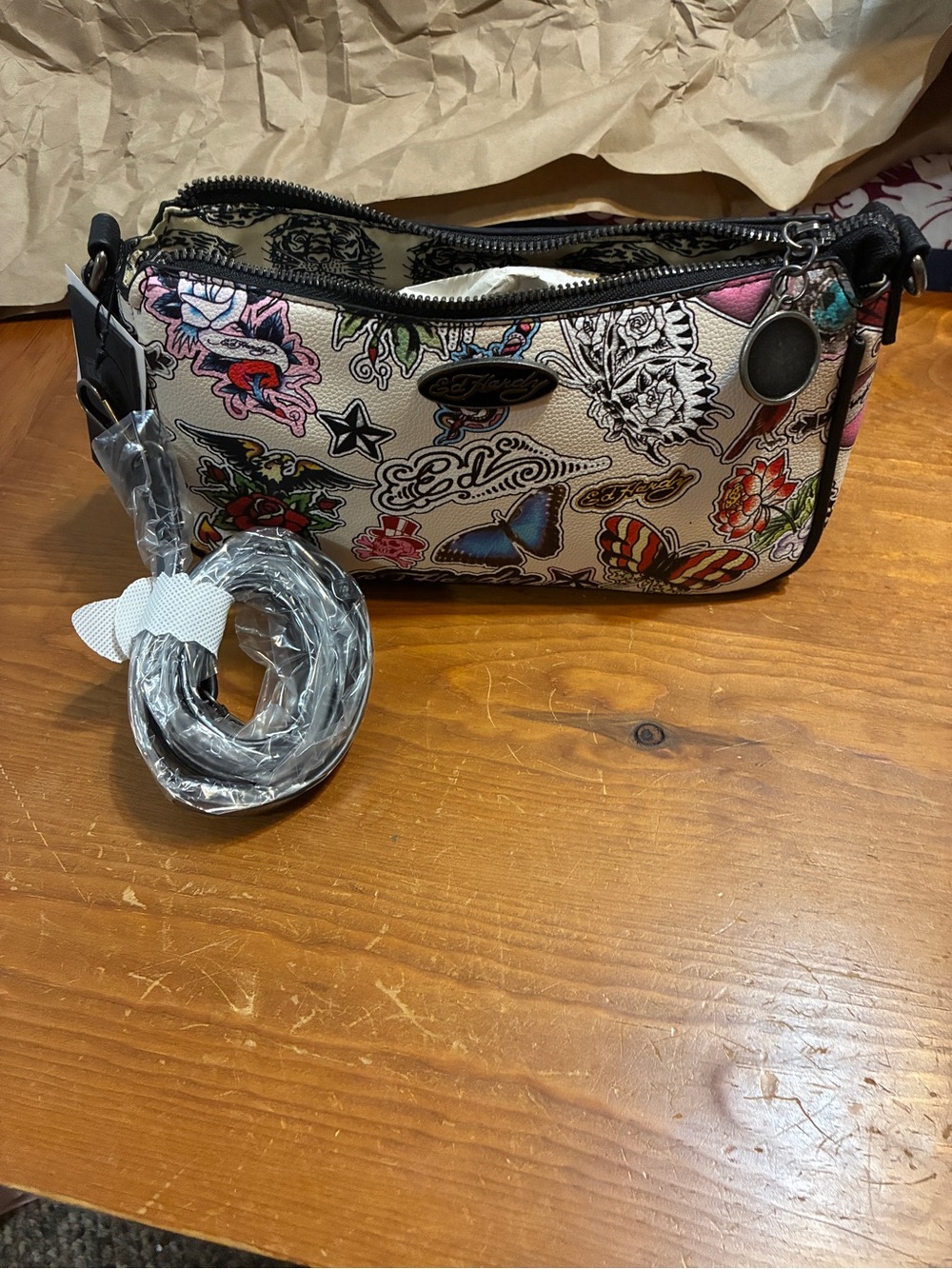 Ed Hardy Cream Tattoo-Print Mini Crossbody with Multicolor Accents